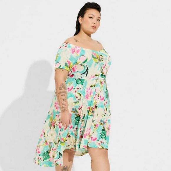 Torrid Women's Plus Size Mini Soft Off-Shoulder Skater Floral Dress - Picture 2 of 5